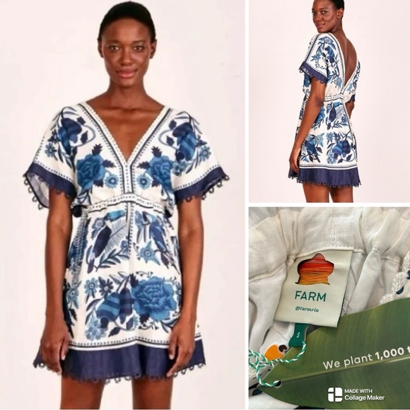 Farm Rio NWT Tropical Tiles linen blend dress